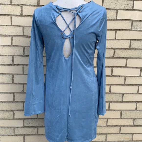 BLUE SOFT SUEDE DETAILED LINED MINI DRESS - Picture 6 of 9